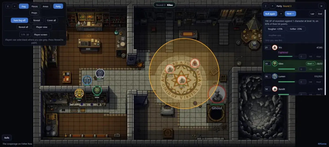 The DM's view of a live table: a tavern map with fog still covering the vault on the right, four party tokens and a ghoul waiting in the dark, a fireball template burning on the floor, and a turn order down the side with hit points, a frightened marker and a readout of what the fight is worth