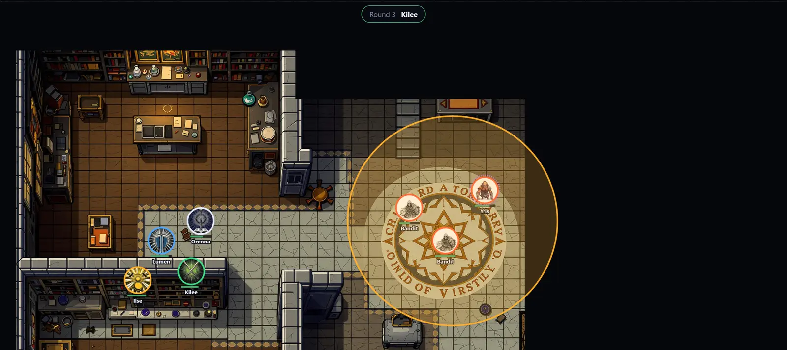 The same table at the same moment as the players see it on their own screens: the vault on the right is solid black, the ghoul standing in it is not drawn at all, and the only interface is a pill naming whose turn it is